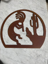 Load image into Gallery viewer, Kokopelli Coyote Cactus - Metal Art - Kokopelli Art - Rustic Primitive Art - Southwestern Style Home Decor - Fertility and Music
