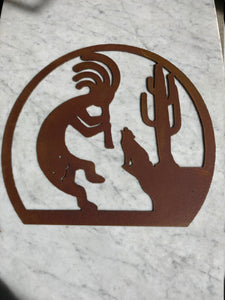 Kokopelli Coyote Cactus - Metal Art - Kokopelli Art - Rustic Primitive Art - Southwestern Style Home Decor - Fertility and Music