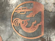 Load image into Gallery viewer, Kokopelli Coyote Cactus - Metal Art - Kokopelli Art - Rustic Primitive Art - Southwestern Style Home Decor - Fertility and Music
