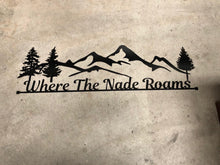 Load image into Gallery viewer, Metal Wall Art - Customizable Hanging Sign - Metal Hanging Sign - Mountains - Pine Trees - Ranch Sign - Gate Sign
