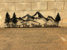 Load image into Gallery viewer, Metal Wall Art - Customizable Hanging Sign - Metal Hanging Sign - Mountains - Pine Trees - Ranch Sign - Gate Sign
