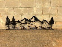 Load image into Gallery viewer, Metal Wall Art - Customizable Hanging Sign - Metal Hanging Sign - Mountains - Pine Trees - Ranch Sign - Gate Sign
