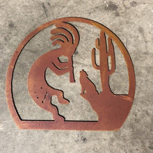 Load image into Gallery viewer, Kokopelli Coyote Cactus - Metal Art - Kokopelli Art - Rustic Primitive Art - Southwestern Style Home Decor - Fertility and Music

