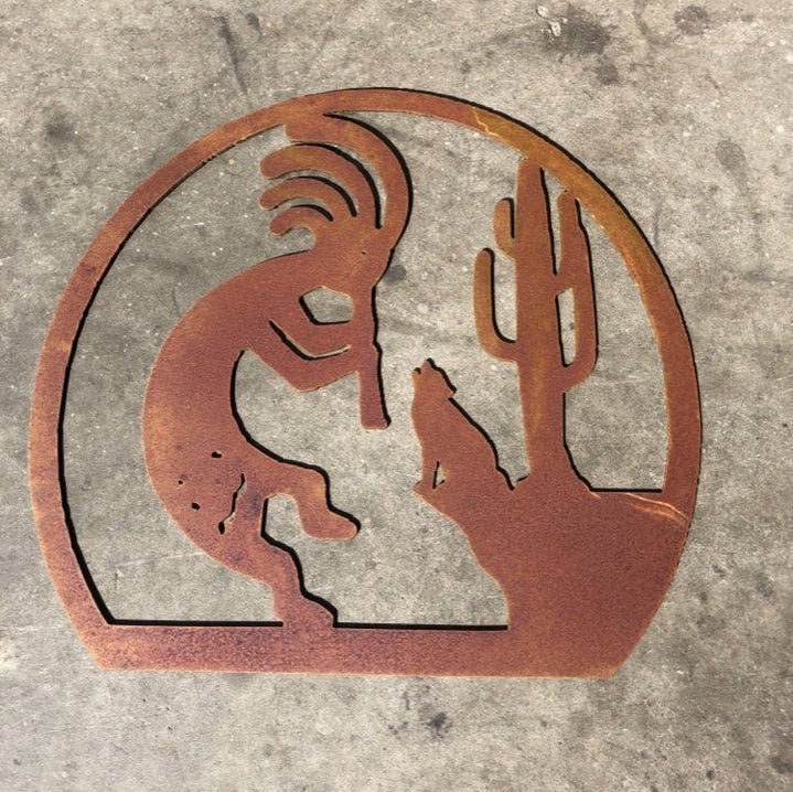 Kokopelli Coyote Cactus - Metal Art - Kokopelli Art - Rustic Primitive Art - Southwestern Style Home Decor - Fertility and Music