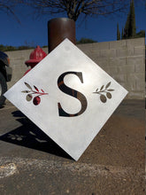 Load image into Gallery viewer, Yard Art Metal Sign - Customize Initial - Olive Branch - Trellis Initial Sign - Backyard Trellis Sign - Custom Metal Sign - Metal Sun Rustic
