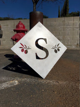 Load image into Gallery viewer, Yard Art Metal Sign - Customize Initial - Olive Branch - Trellis Initial Sign - Backyard Trellis Sign - Custom Metal Sign - Metal Sun Rustic
